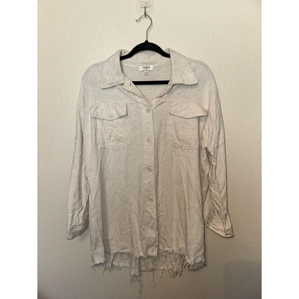 Umgee USA Womens Linen Shirt Size M Beige Long Sleeve Frayed Hem Boho Casual